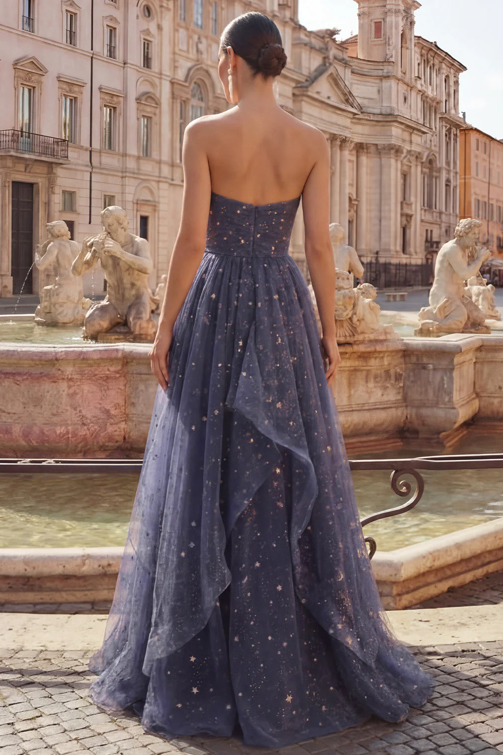 Robe de bal longue de bal bleu poussiéreux sans bretelles avec nœuds à volants en cascade - Image 4