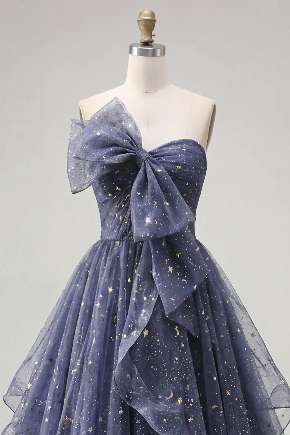 Robe de bal longue de bal bleu poussiéreux sans bretelles avec nœuds à volants en cascade - Image 5