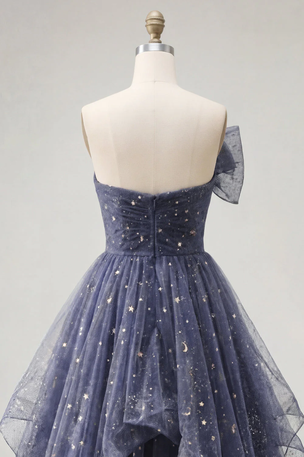 Robe de bal longue de bal bleu poussiéreux sans bretelles avec nœuds à volants en cascade - Image 6