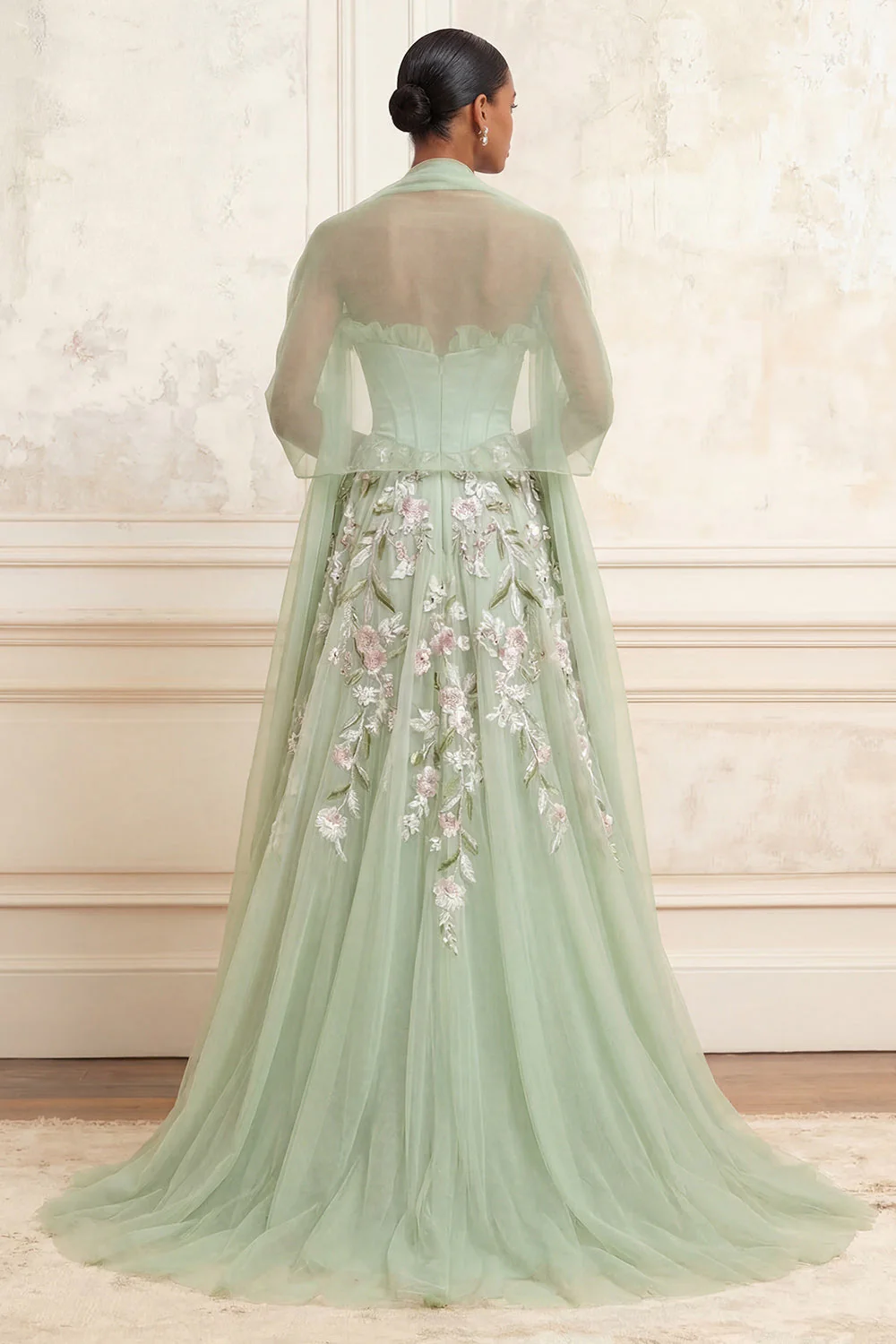 Robe de bal longue vert sauge poussiéreux ligne A brodée avec fente - Image 2
