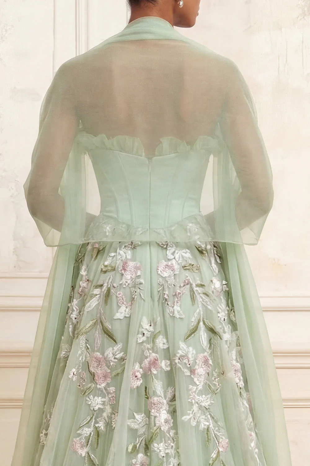 Robe de bal longue vert sauge poussiéreux ligne A brodée avec fente - Image 4
