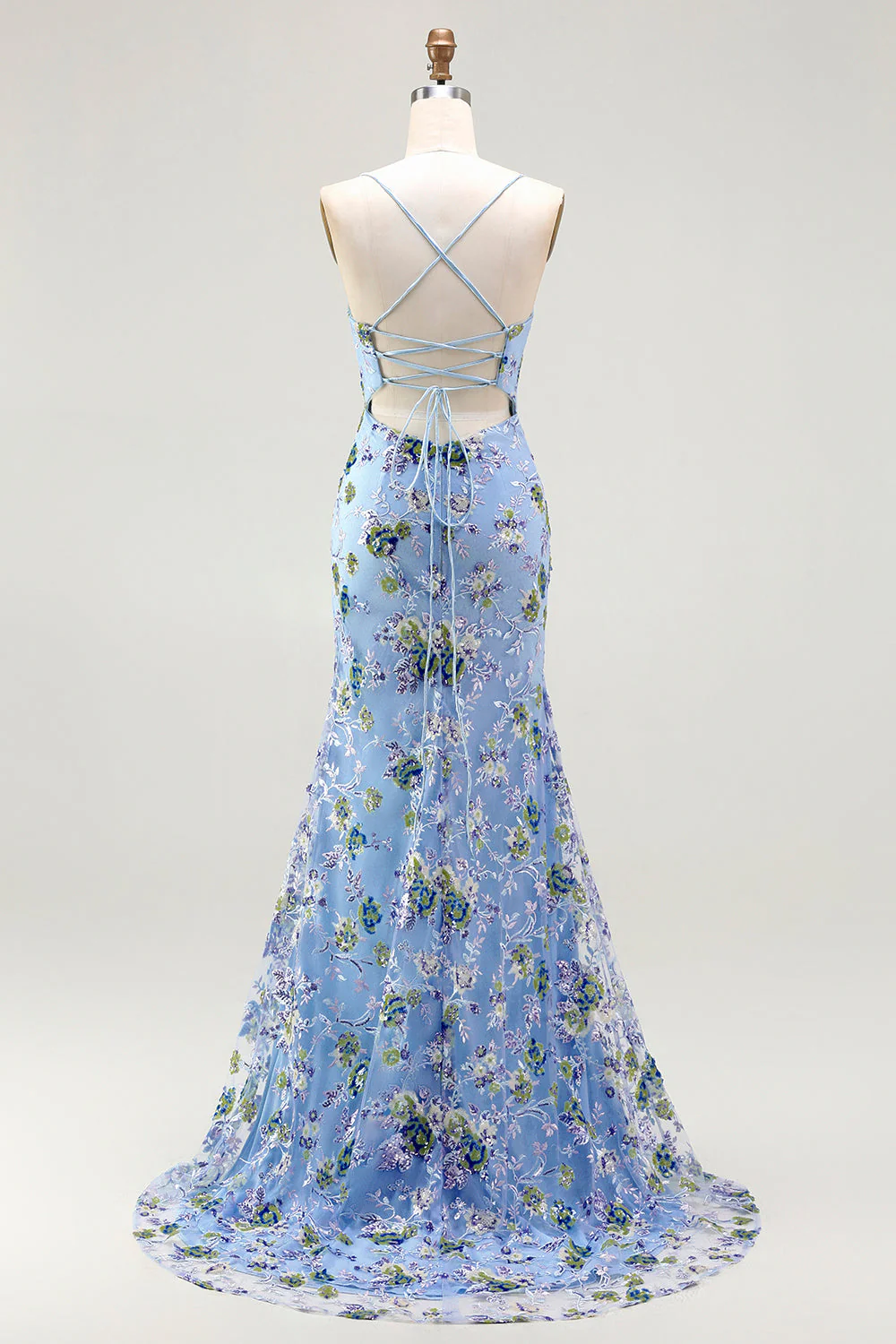 Robe de bal longue de bal brodée en sirène bleu bleu scintillante avec paillettes - Image 2