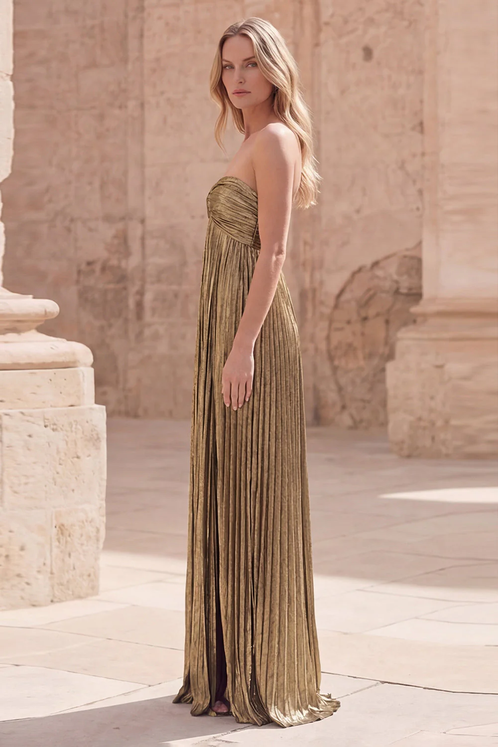 Robe de bal longue de bal dorée foncée, ligne A, froncée, sans manches - Image 3