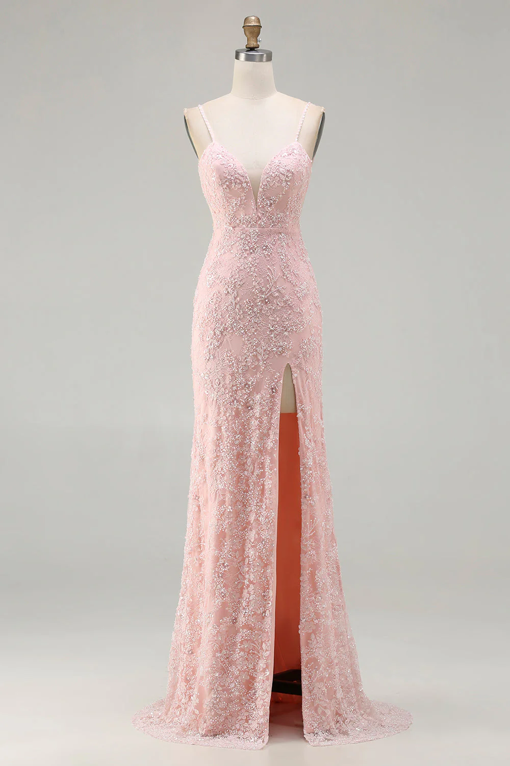Robe de bal longue de bal en application dorsal nue à perles de sirène gris-vert avec fente - Image 7