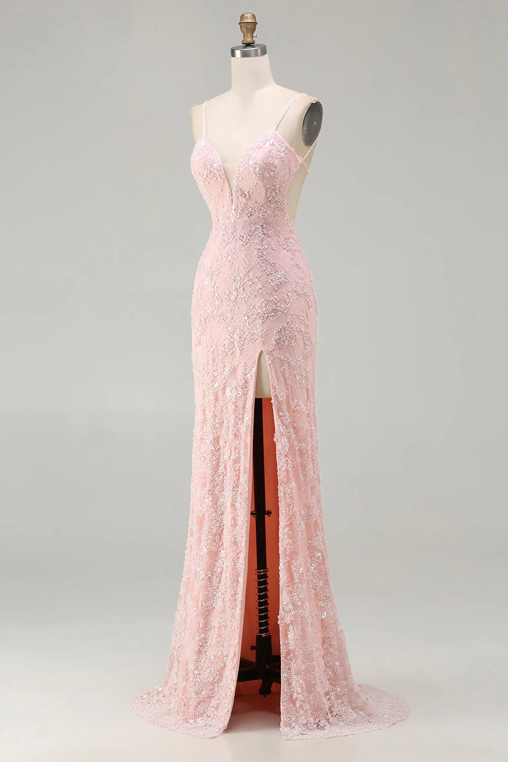 Robe de bal longue de bal en application dorsal nue à perles de sirène gris-vert avec fente - Image 9