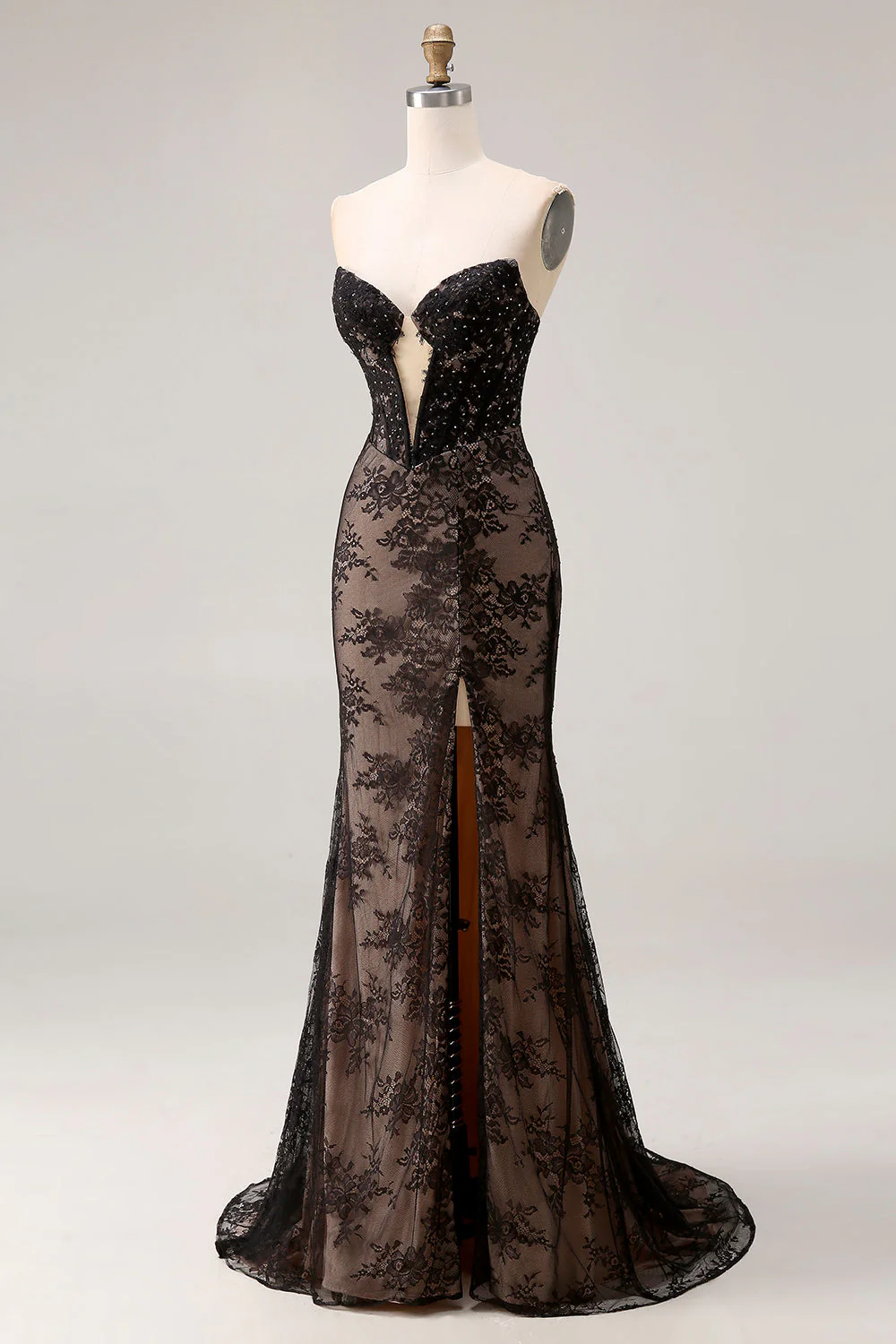 Robe de bal longue de bal en dentelle noire perlée de sirène sirène à perles et fendue - Image 3