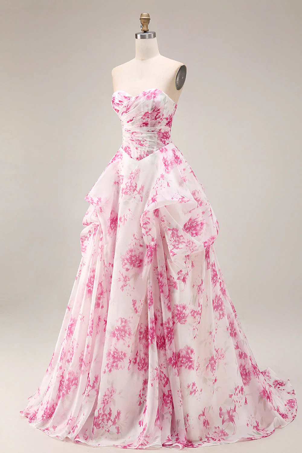 Robe de bal longue de bal en fleur fluminse blanche en fleur fûche fuchsia sans bretelles taille basque en ligne A - Image 3