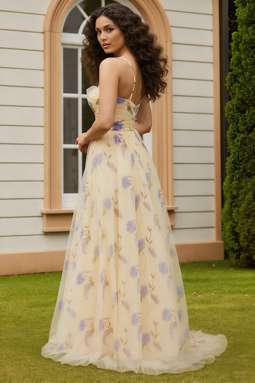 Robe de bal longue de bal en fleurs 3D découpées en ligne A jaune avec fente - Image 2