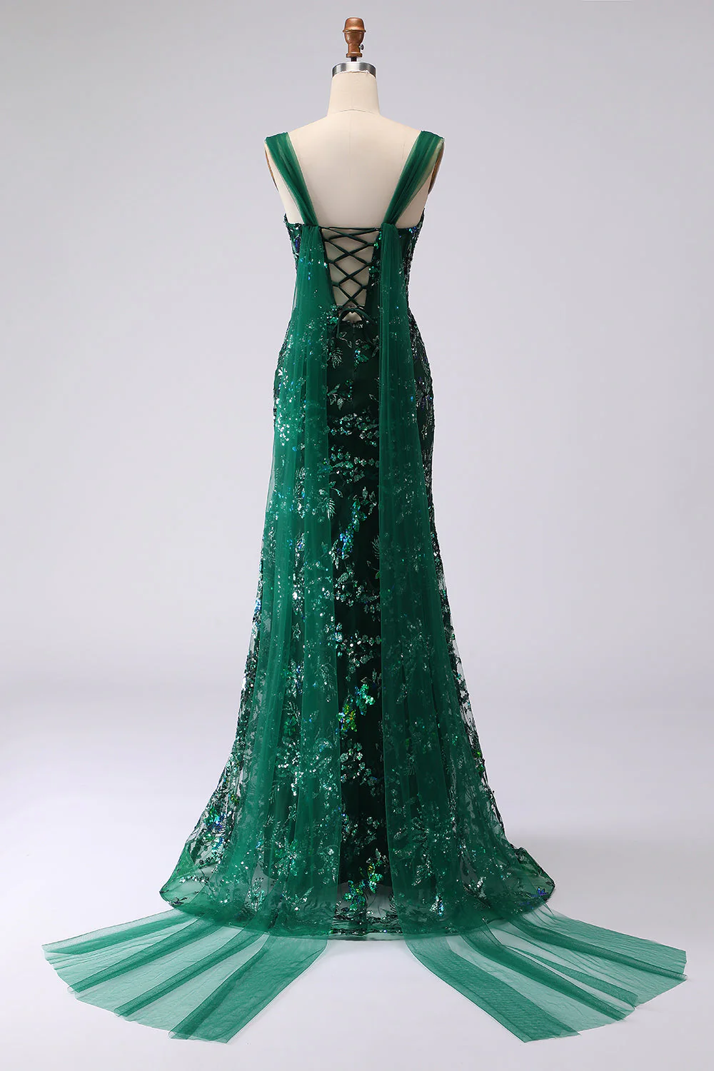 Robe de bal longue de bal en laille de sirène vert foncé vert foncé en lailettes - Image 2