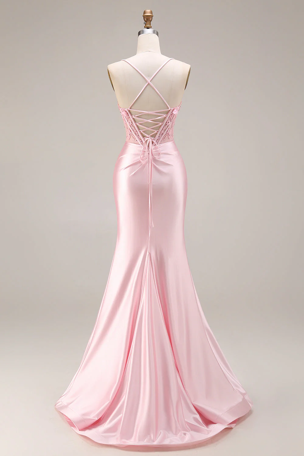 Robe de bal longue de bal en satin en satin à la taille basque rose avec fente - Image 2