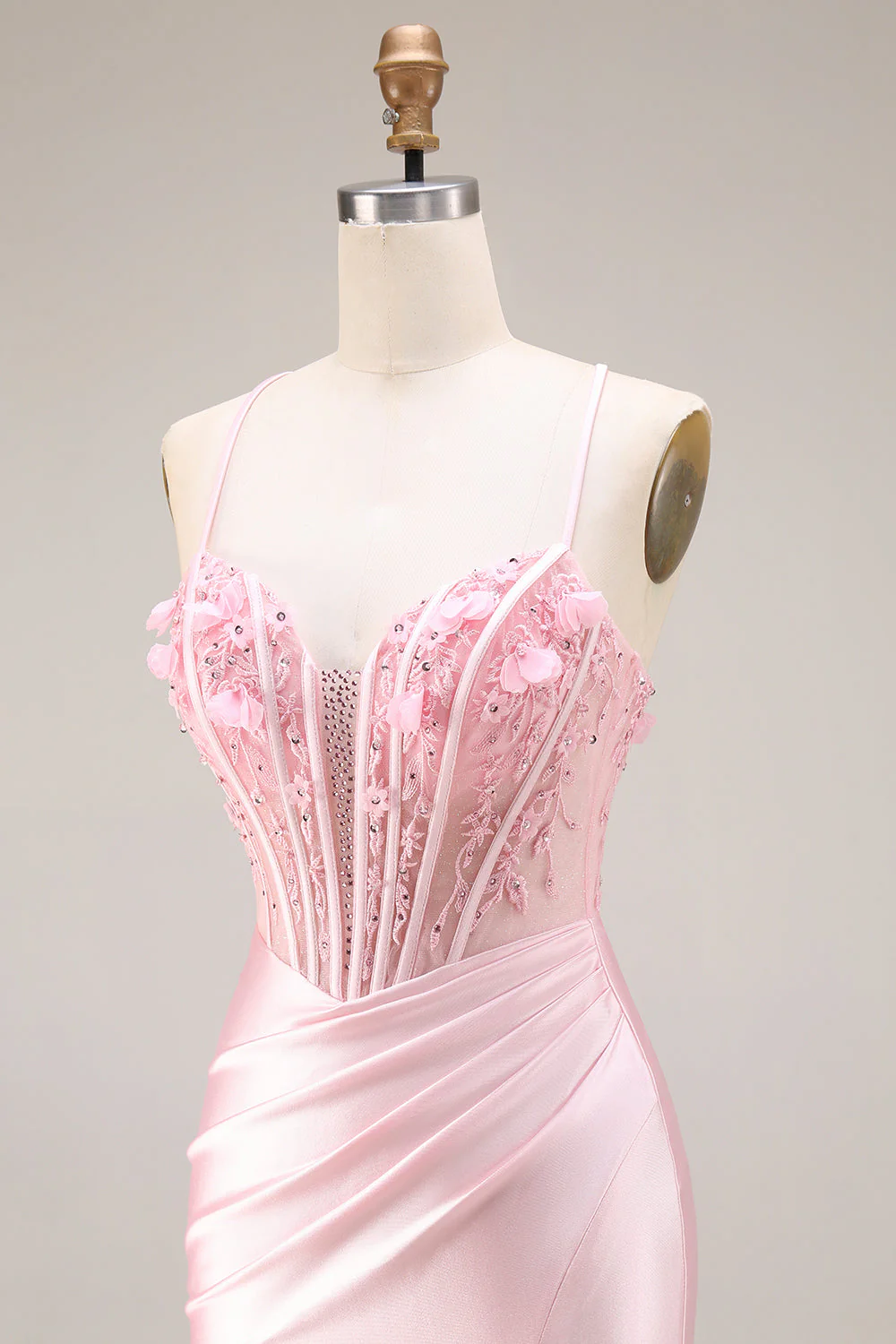 Robe de bal longue de bal en satin en satin à la taille basque rose avec fente - Image 6