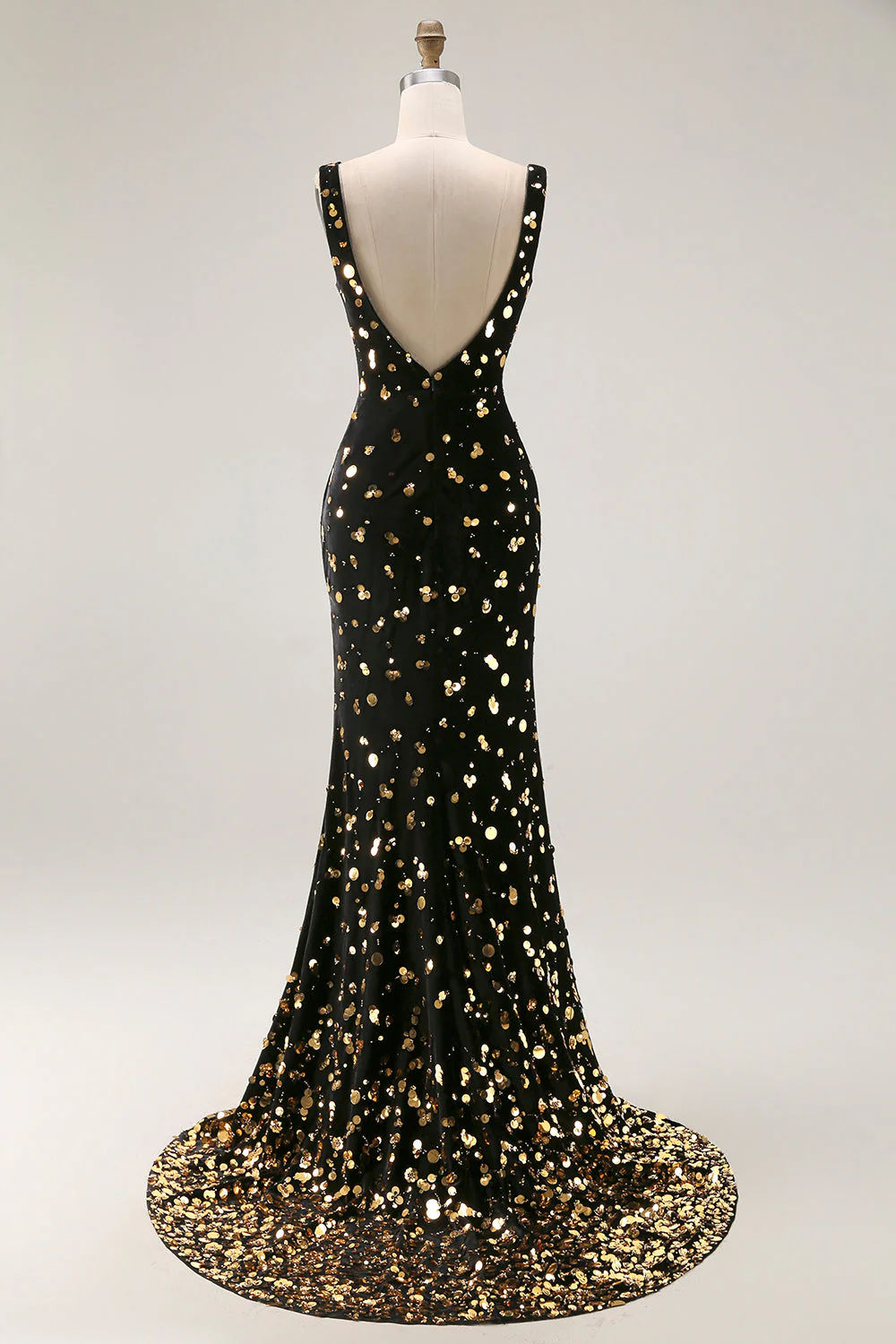 Robe de bal longue de bal en sirène dorée noire dorée à paillettes dorées et longue robe de bal - Image 4