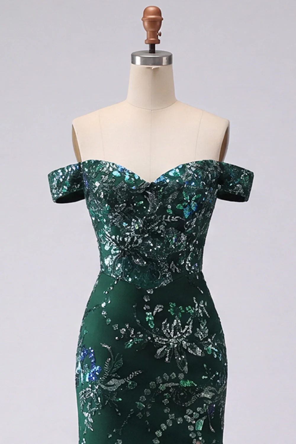 Robe de bal longue de bal en sirène scintillante, vert foncé sur les épaules dénudées, sequins - Image 3