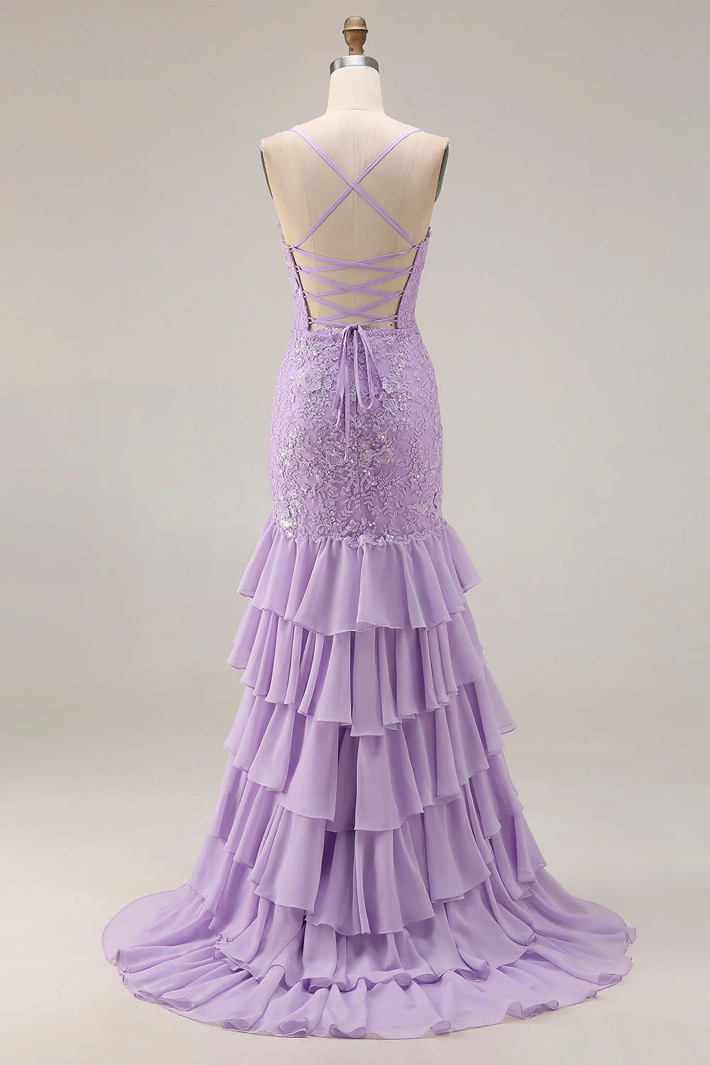 Robe de bal longue de bal en sirène violette à bretelles fines en lacets dans le dos, longue robe de bal avec fente à volants - Image 2