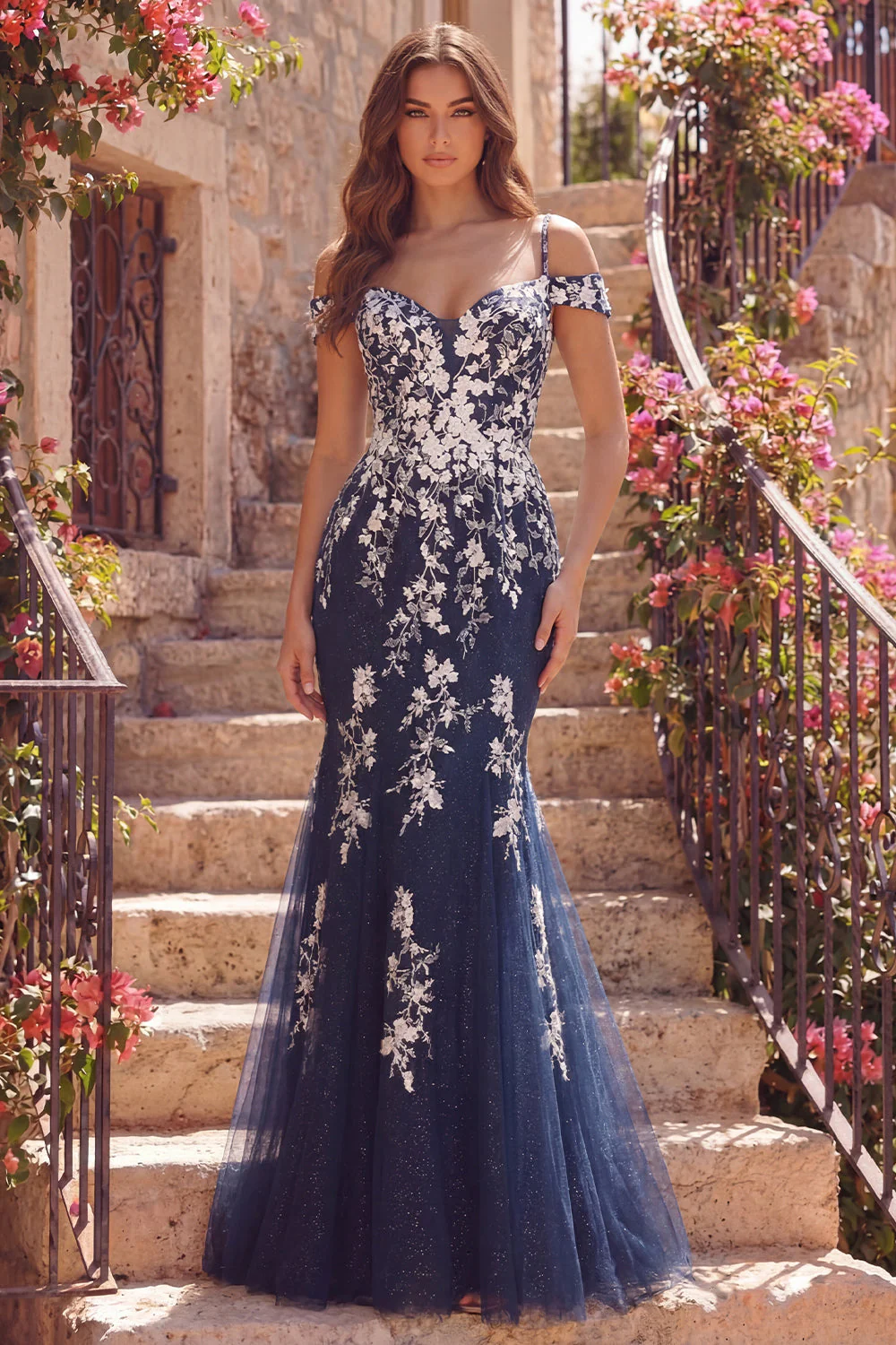 Robe de bal longue de bal en tulle à épaules froides à épaules froides avec des appliques