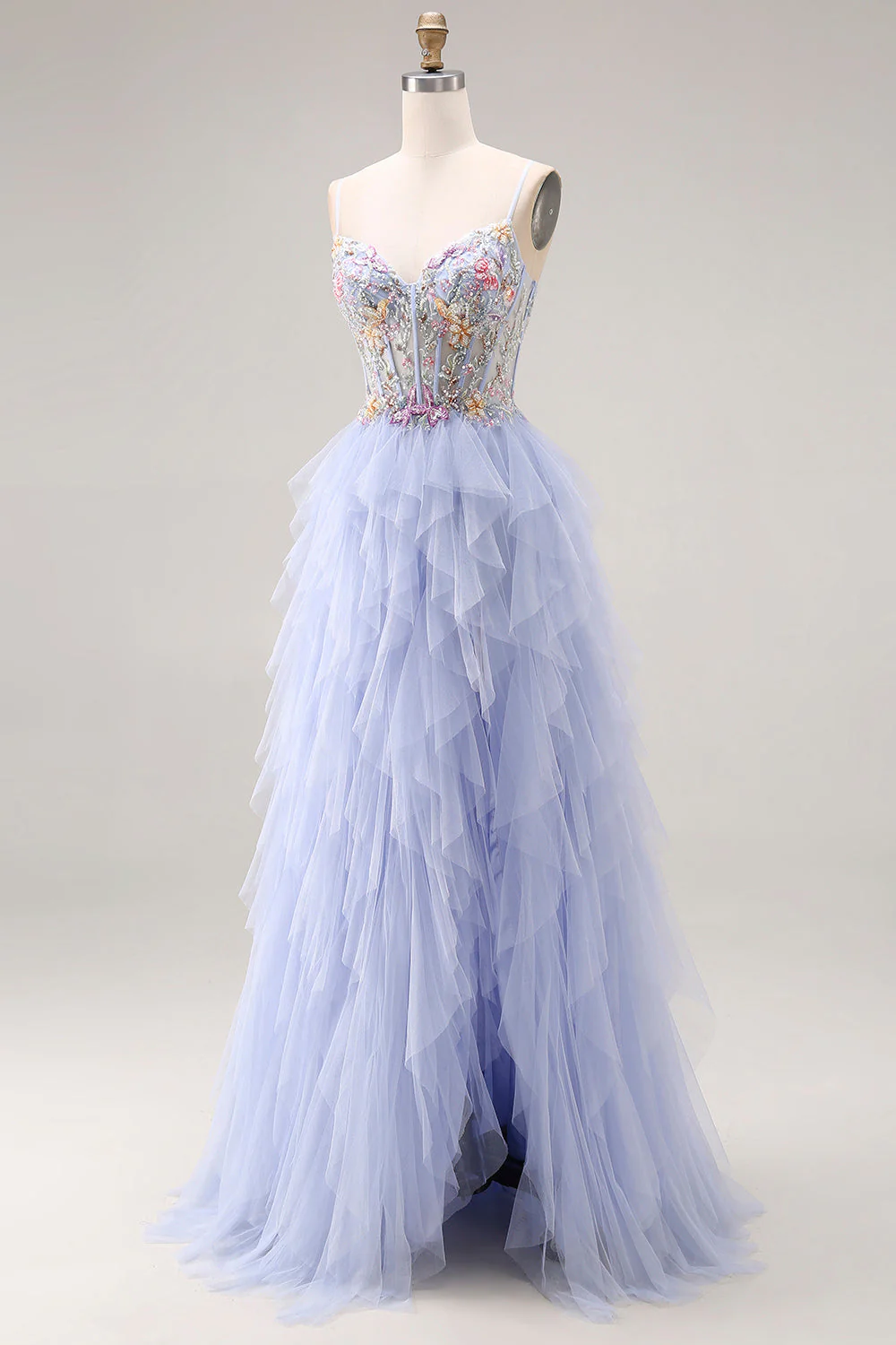 Robe de bal longue de bal en tulle appliquée à plume légère avec brides fines et volants - Image 3