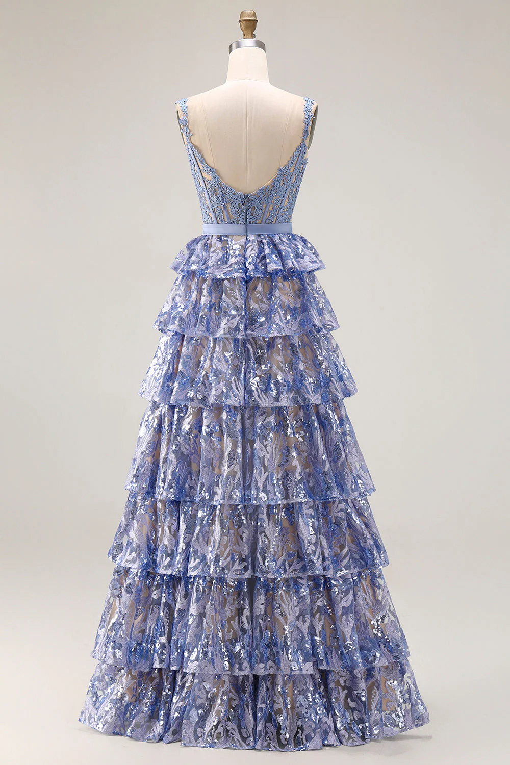 Robe de bal longue de bal gris-bleu en ligne A à étages perlée de paillettes avec fente - Image 3