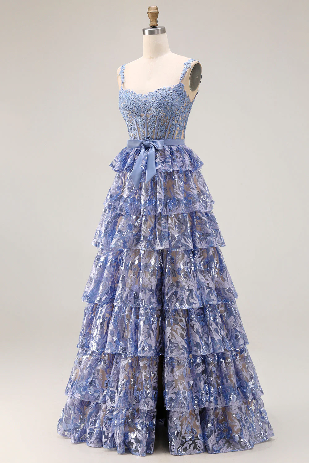 Robe de bal longue de bal gris-bleu en ligne A à étages perlée de paillettes avec fente - Image 4