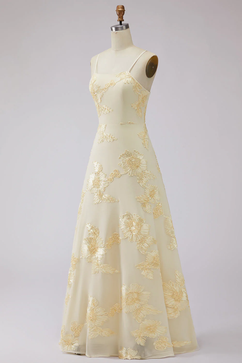 Robe de soirée longue jaune ligne A à bretelles dos lacé avec broderies florales - Image 5