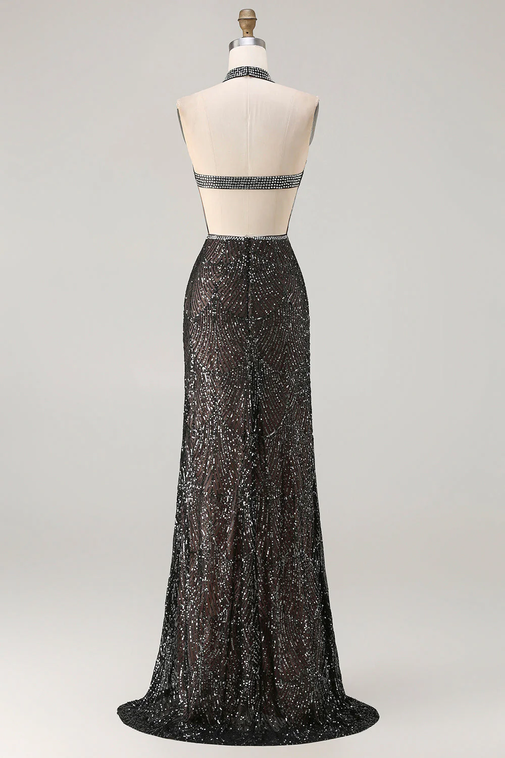 Robe de soirée sirène longue noire scintillante perlée à paillettes avec fente - Image 2