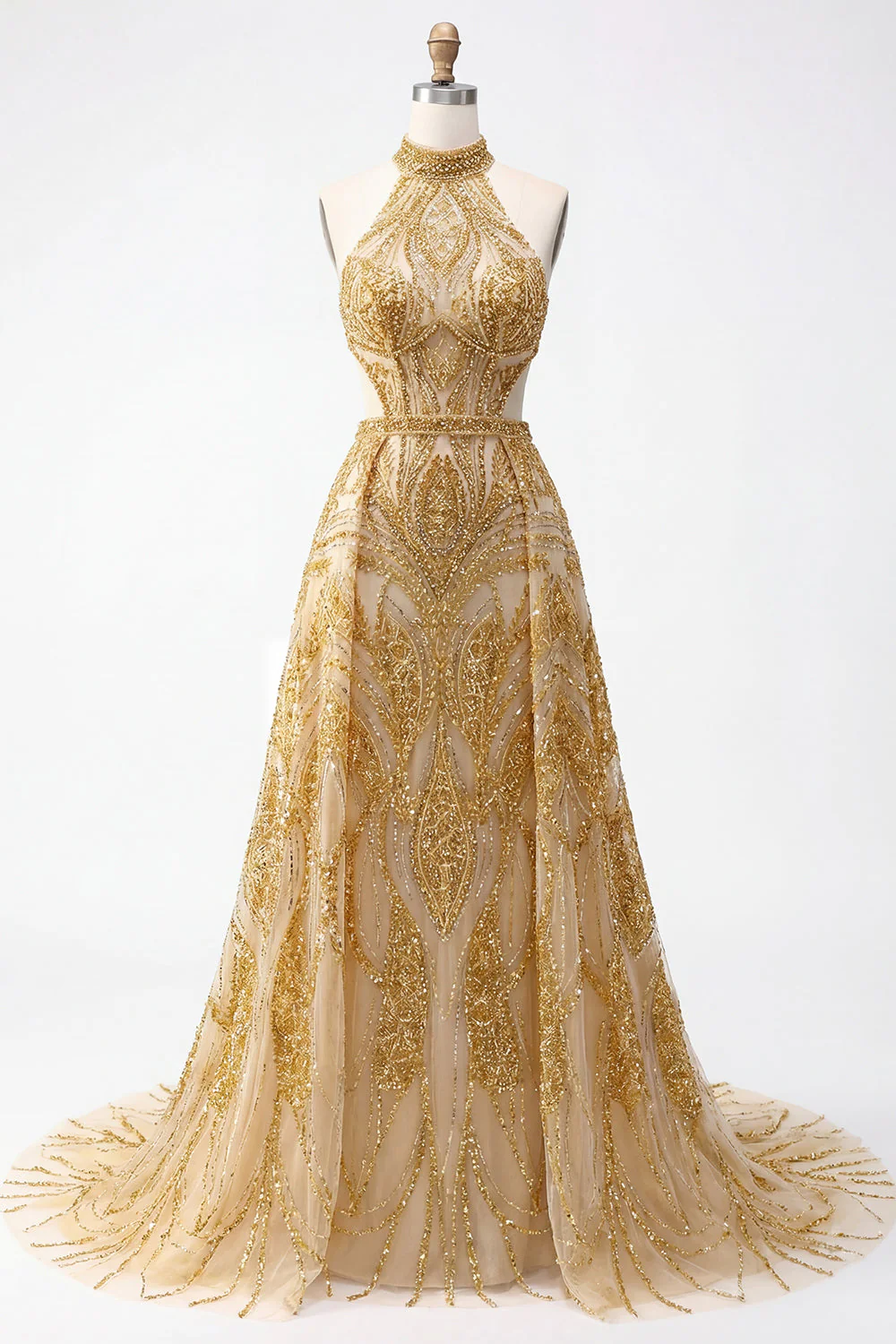 Robe de bal longue de bal longue en dos nus dorés pailletés en ligne A creuse avec perles