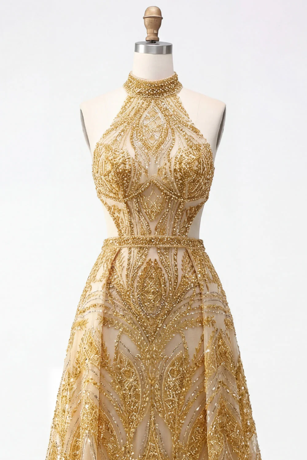 Robe de bal longue de bal longue en dos nus dorés pailletés en ligne A creuse avec perles - Image 5
