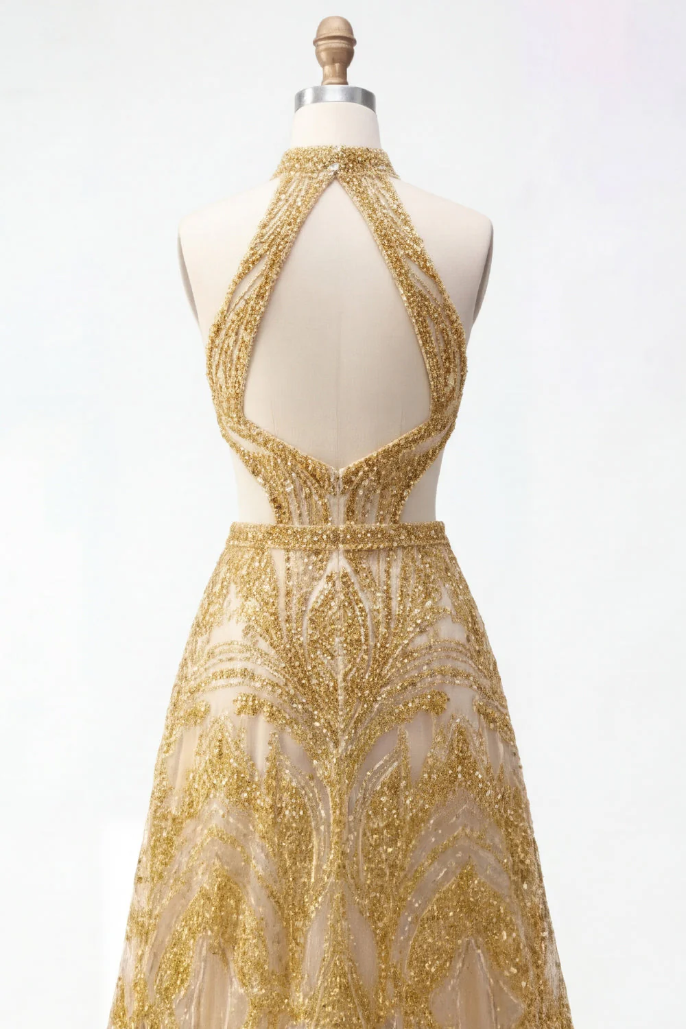 Robe de bal longue de bal longue en dos nus dorés pailletés en ligne A creuse avec perles - Image 6