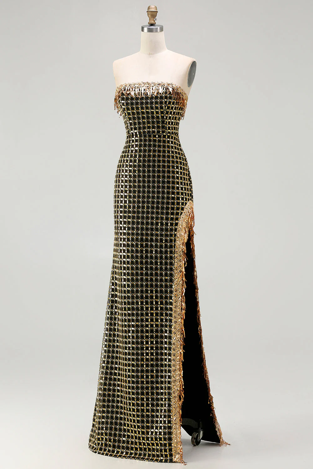 Robe de soirée noire dorée scintillante sans bretelles perlée avec fente - Image 3