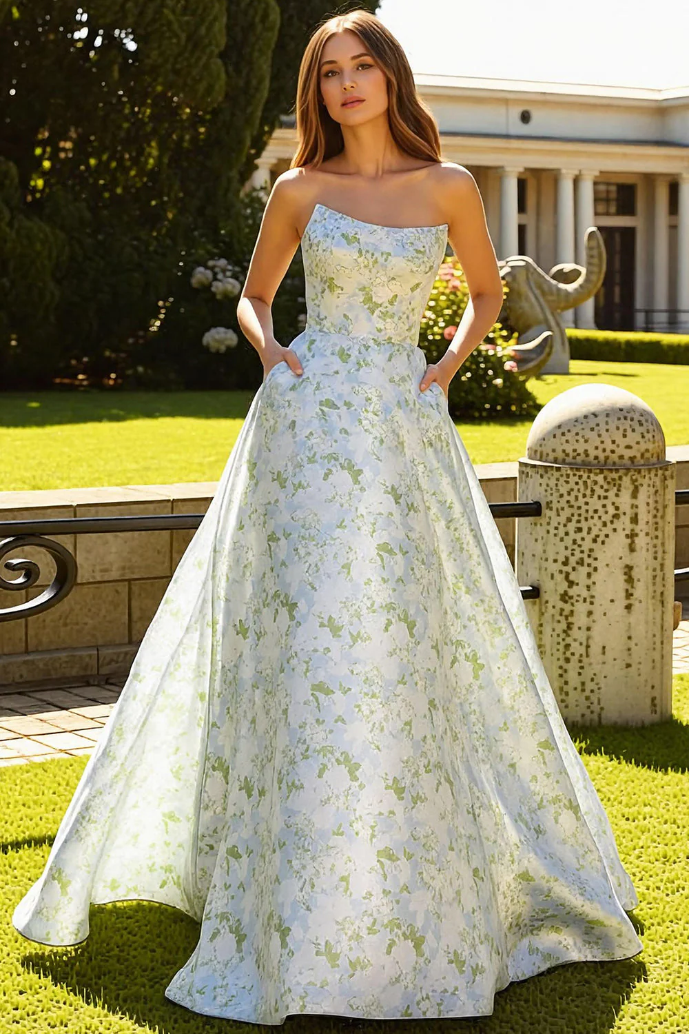 Robe de bal longue de bal sans bretelles A Line A Line, fleurs blanches