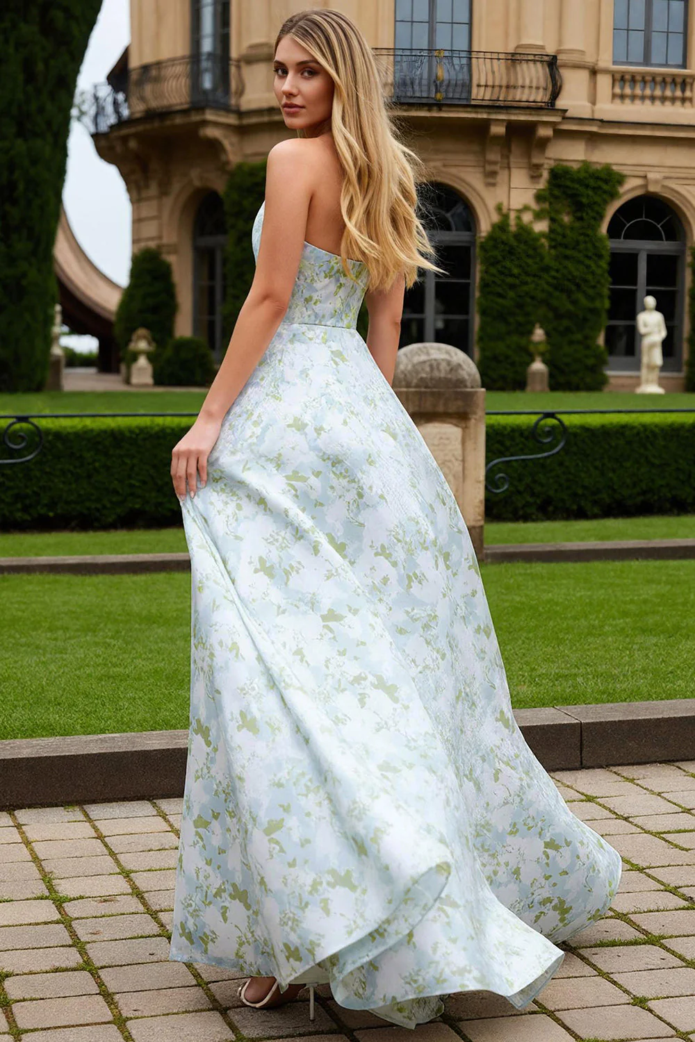 Robe de bal longue de bal sans bretelles A Line A Line, fleurs blanches - Image 2