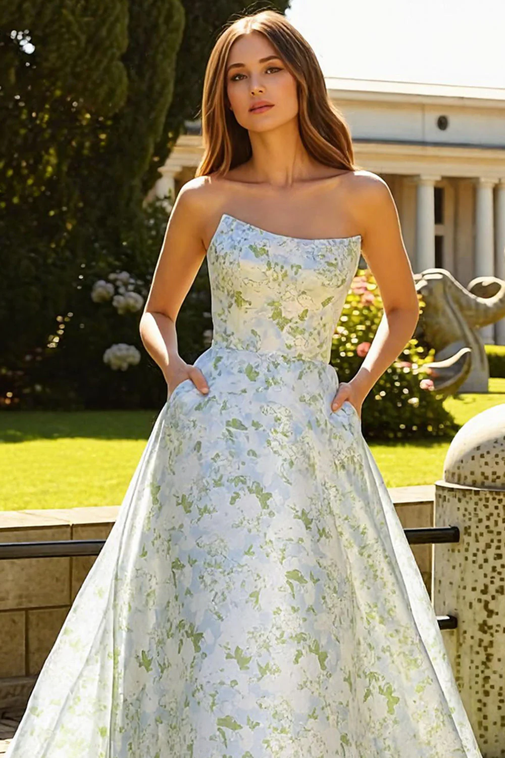 Robe de bal longue de bal sans bretelles A Line A Line, fleurs blanches - Image 3