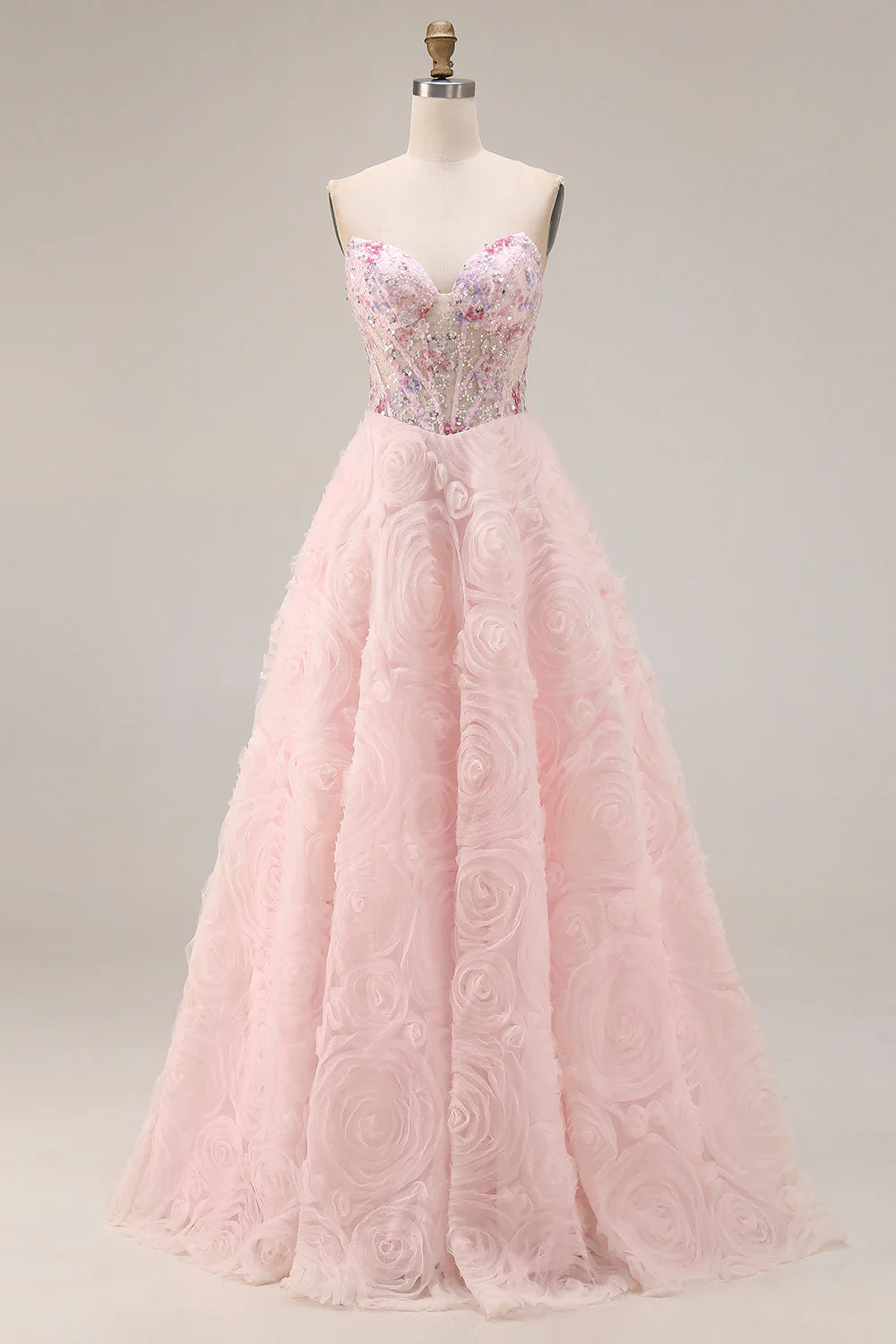 Robe de soirée longue sans bretelles pailletée ligne A avec fleurs 3D