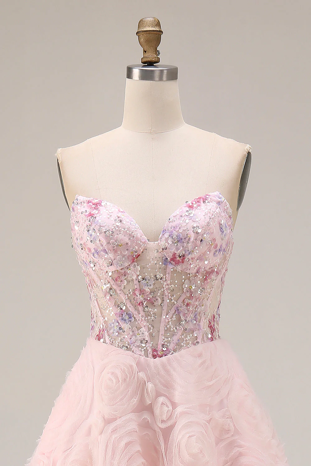 Robe de soirée longue sans bretelles pailletée ligne A avec fleurs 3D - Image 4