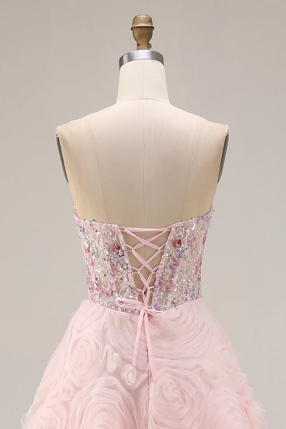 Robe de soirée longue sans bretelles pailletée ligne A avec fleurs 3D - Image 5