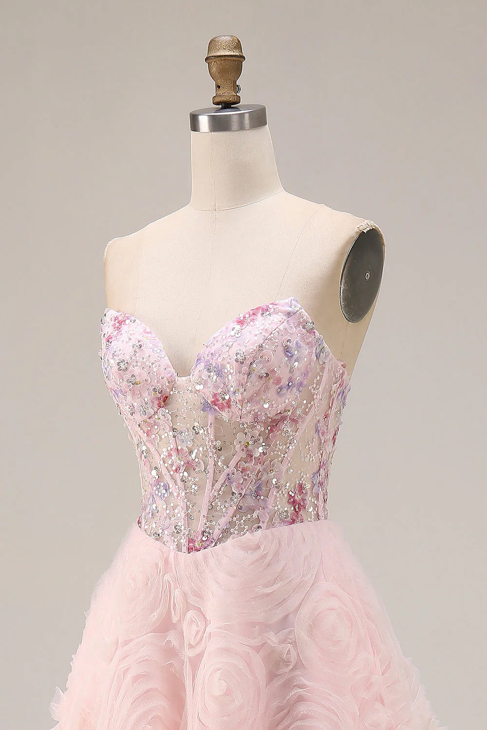 Robe de soirée longue sans bretelles pailletée ligne A avec fleurs 3D - Image 6