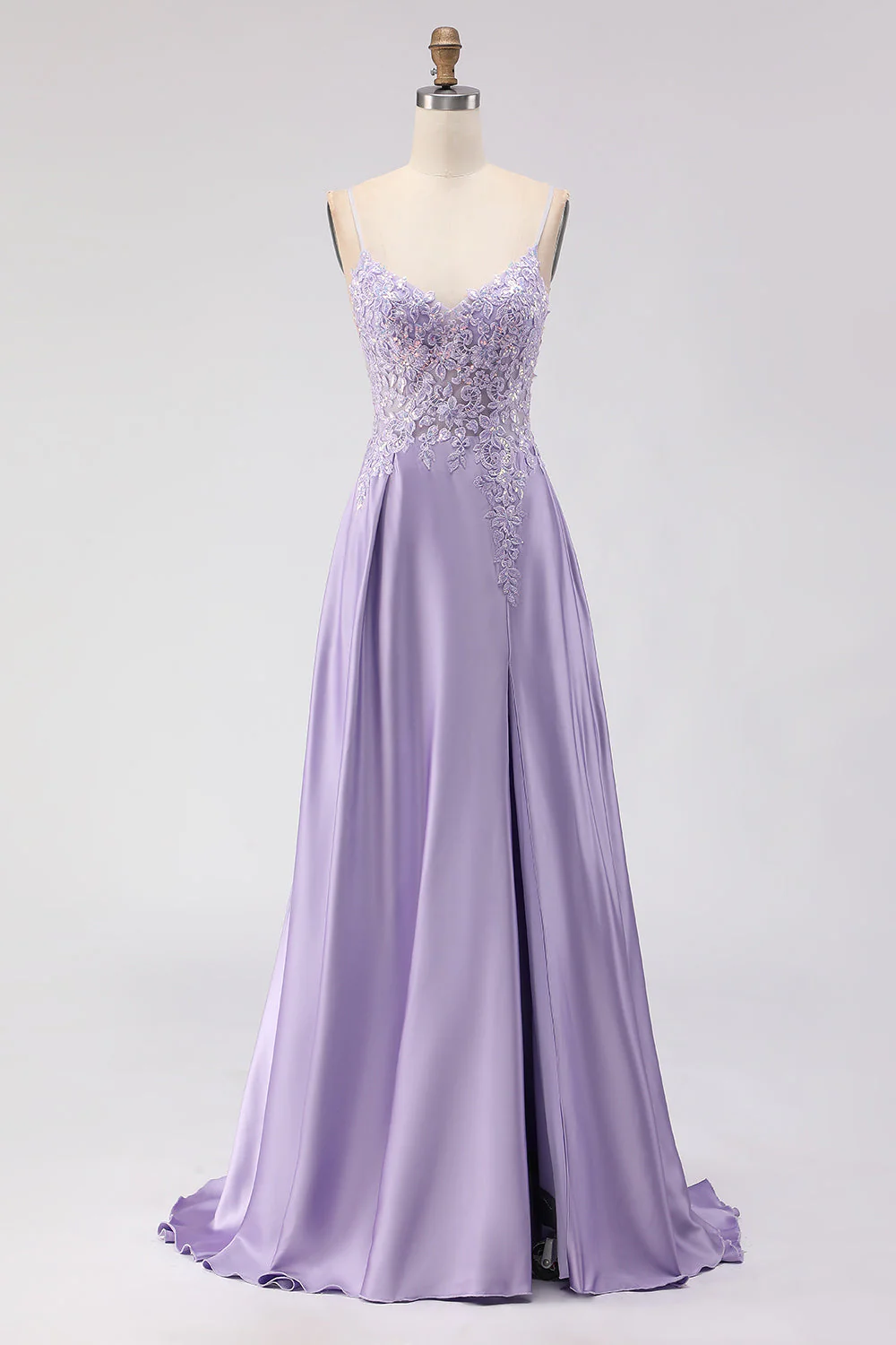Robe de bal longue de bal sans dos en satin ligne A violette avec fente
