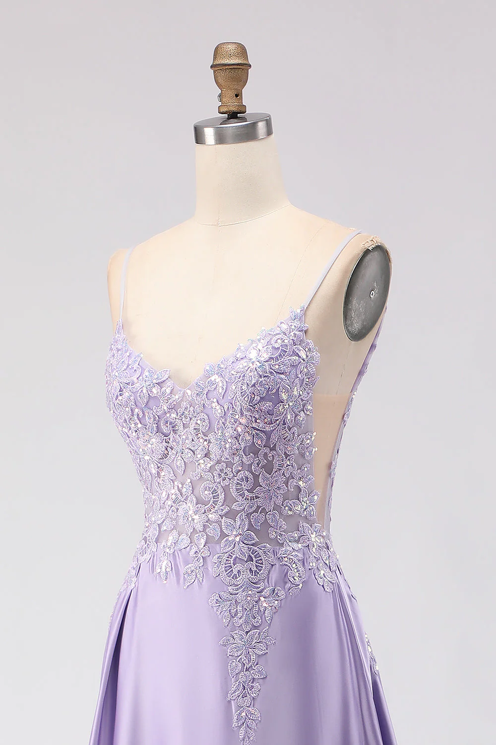 Robe de bal longue de bal sans dos en satin ligne A violette avec fente - Image 6