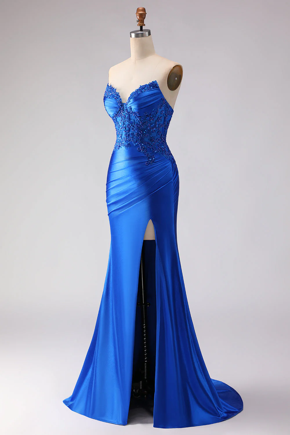 Robe de bal longue de bal satin perlée à perles en sirène bleu royal avec fente - Image 3