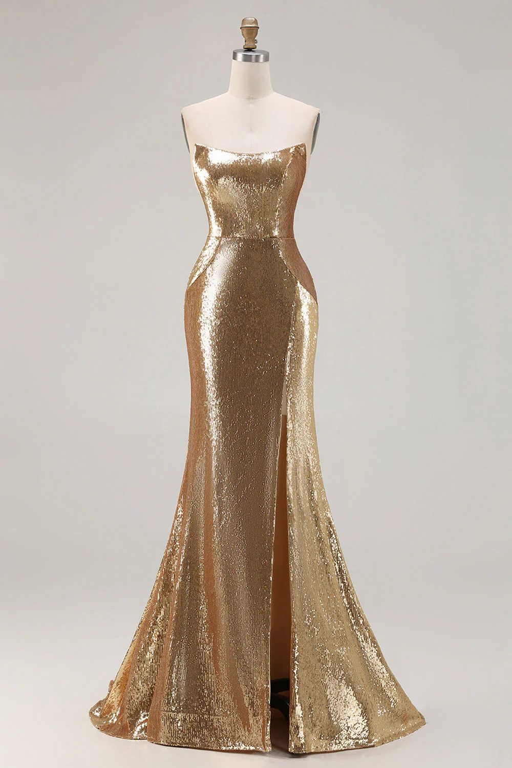 Robe de bal longue de bal scintillante dorée sans bretelles en sequins