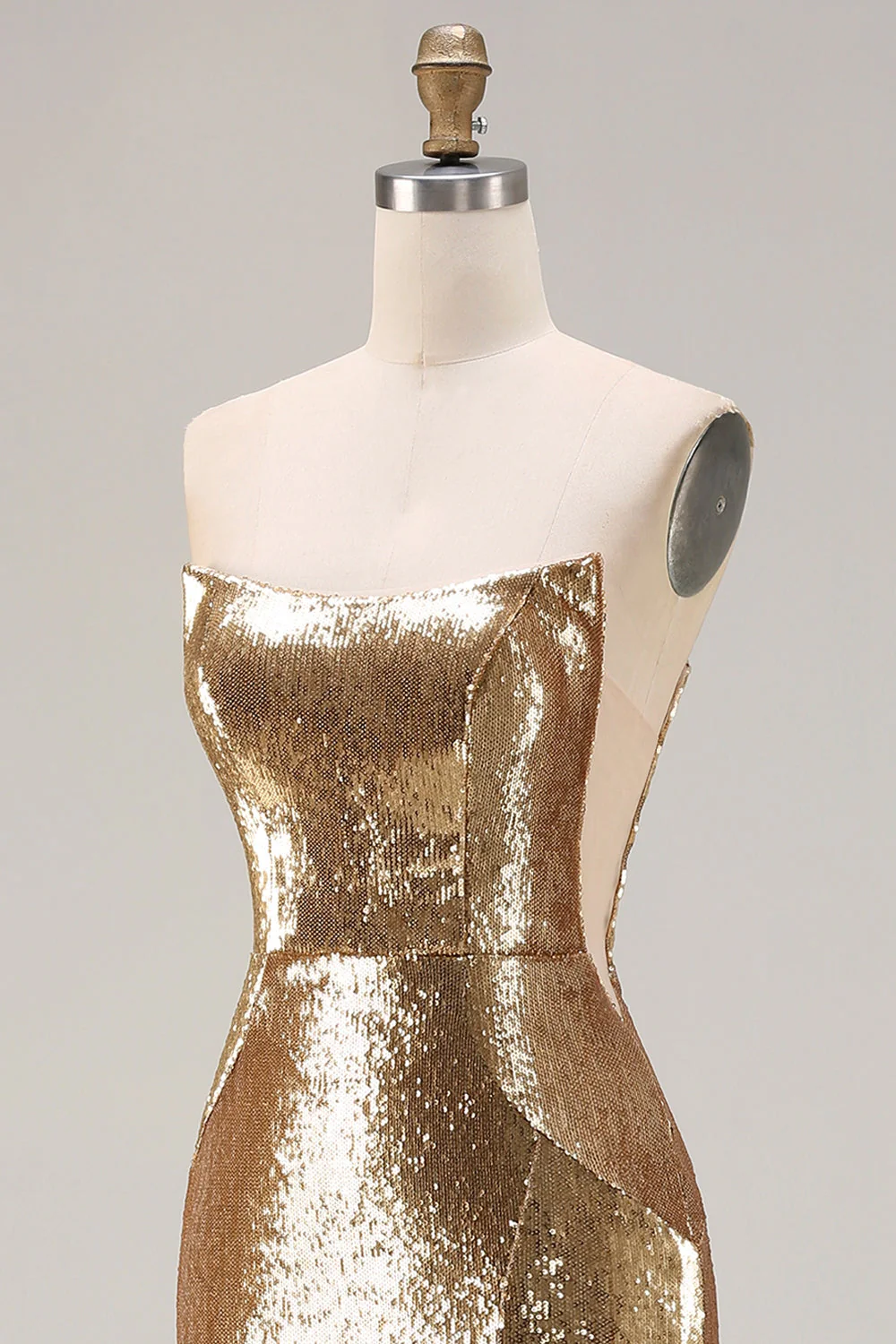 Robe de bal longue de bal scintillante dorée sans bretelles en sequins - Image 6