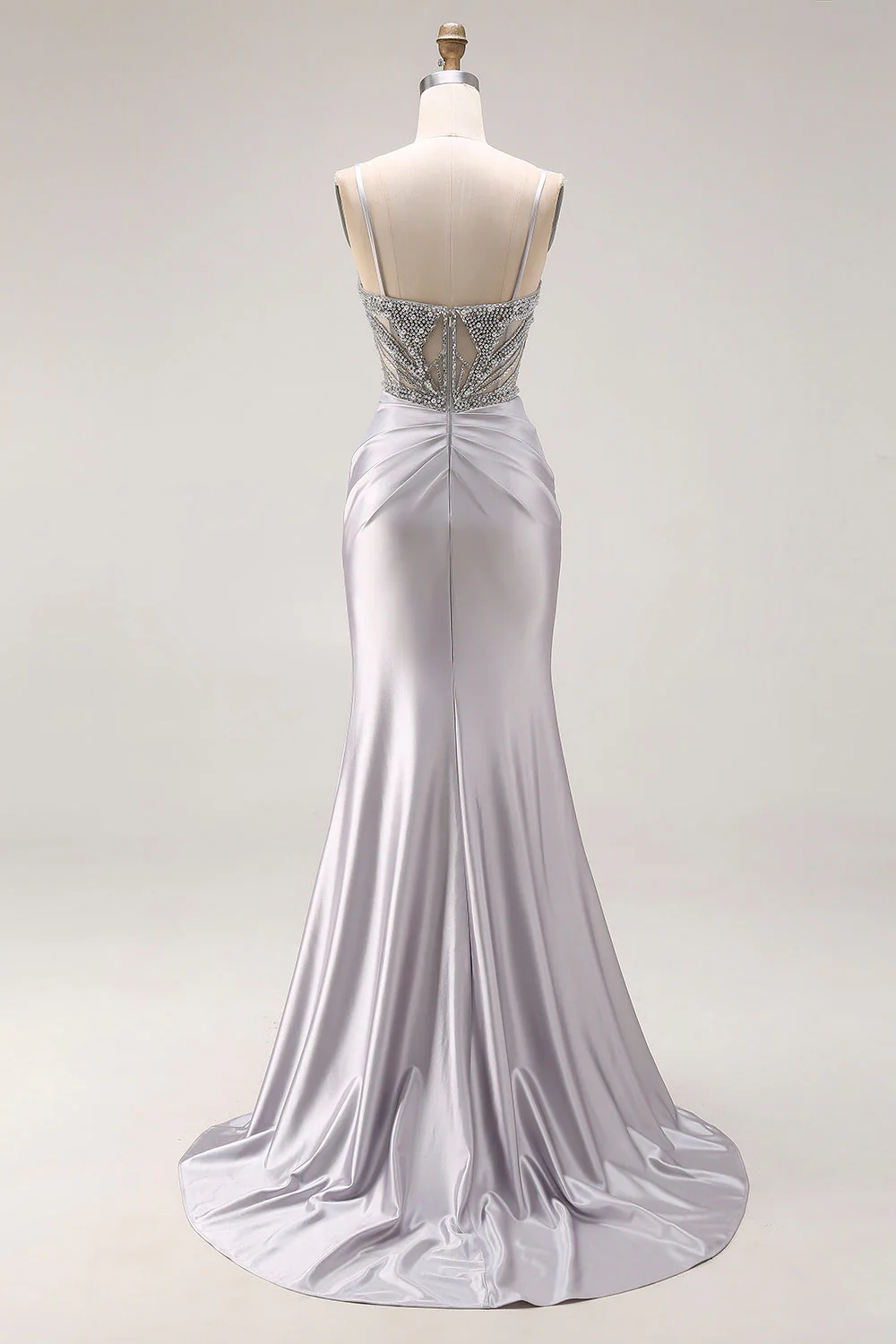 Robe de bal longue de bal scintillante gris clair en satin à perles et perlée - Image 2