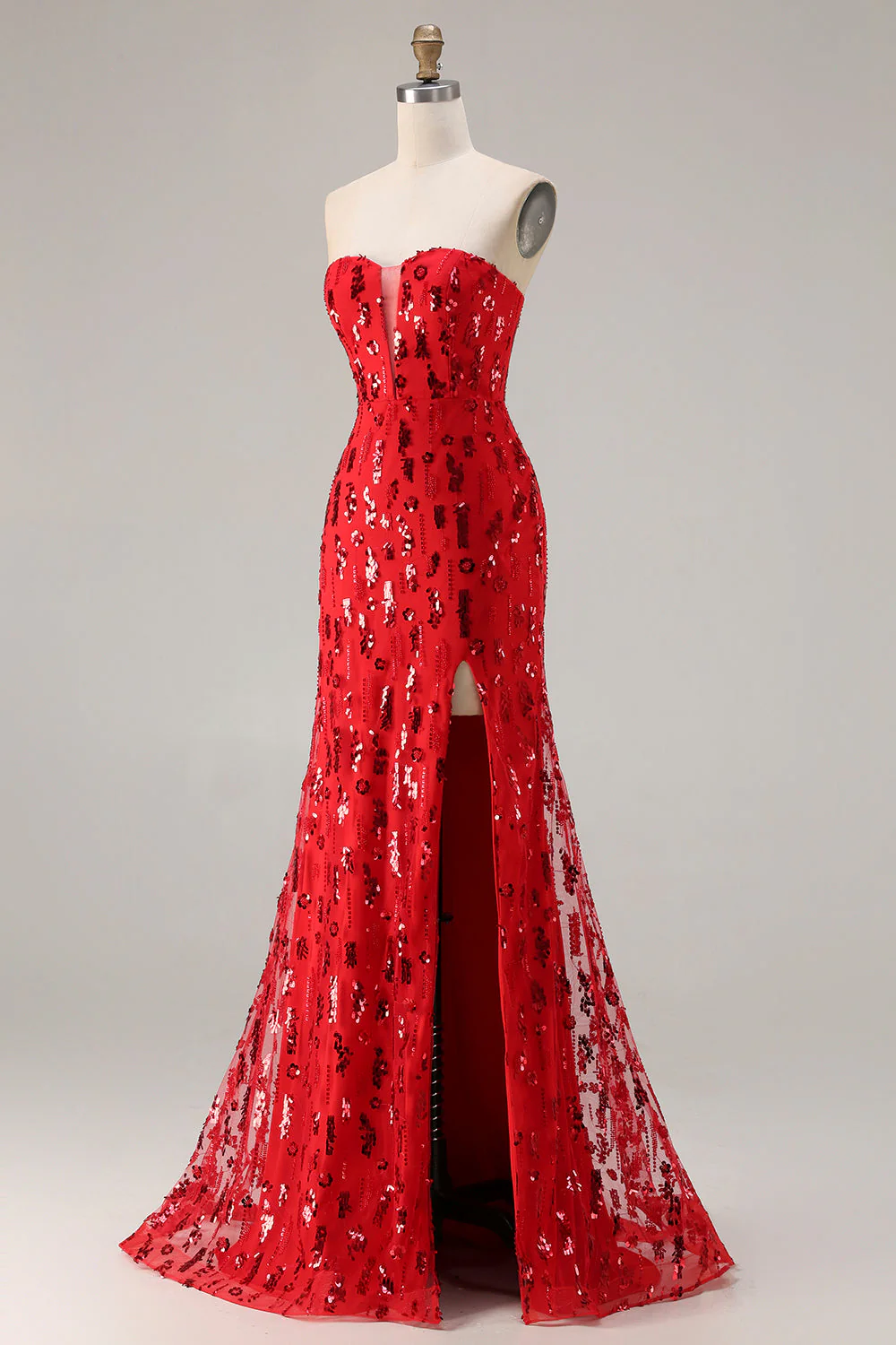 Robe de bal longue de bal scintillante rouge sans bretelles en sequins - Image 3