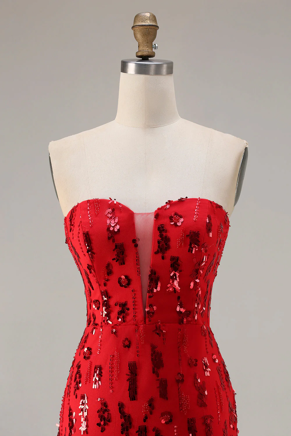 Robe de bal longue de bal scintillante rouge sans bretelles en sequins - Image 4
