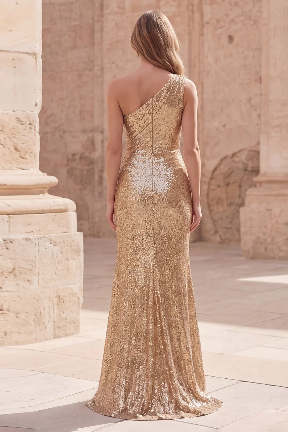 Robe de bal longue de bal sirène dorée scintillante, une épaule froncée et fente - Image 2