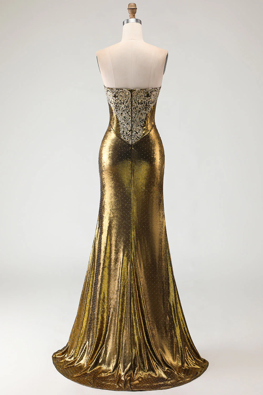 Robe de bal longue de bal sirène en bronze métallique brettée à perles et fendue - Image 2