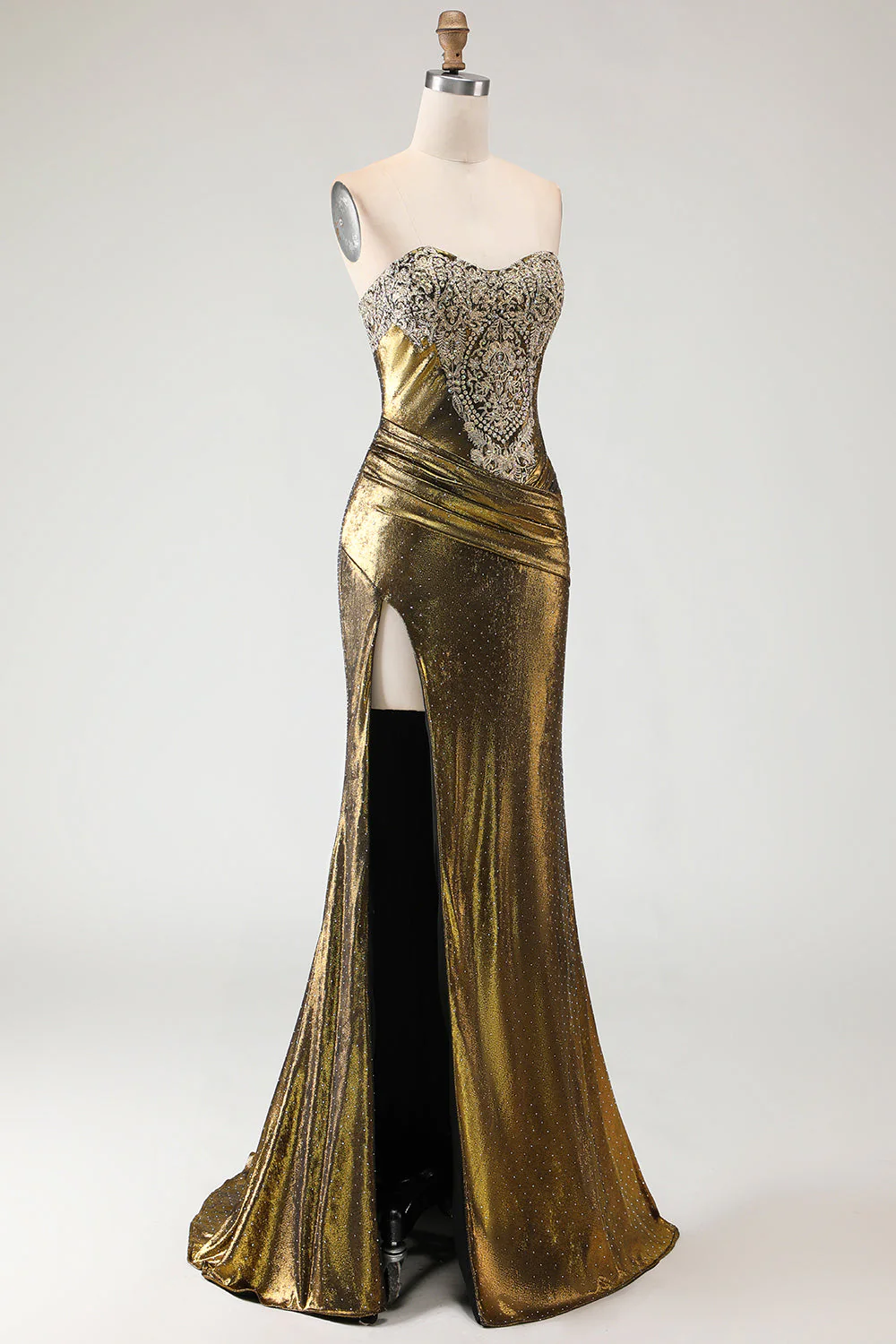 Robe de bal longue de bal sirène en bronze métallique brettée à perles et fendue - Image 3