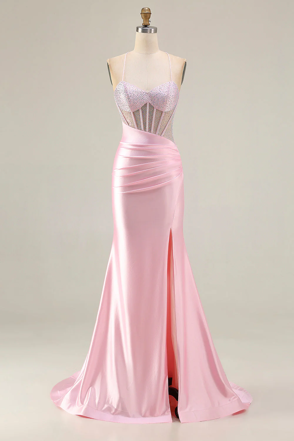 Robe de bal longue de promo à bretelles de sirène rose perlée à perles roses corset et fente