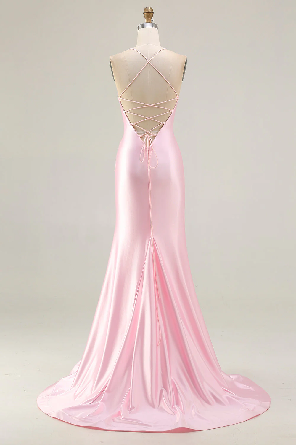 Robe de bal longue de promo à bretelles de sirène rose perlée à perles roses corset et fente - Image 2