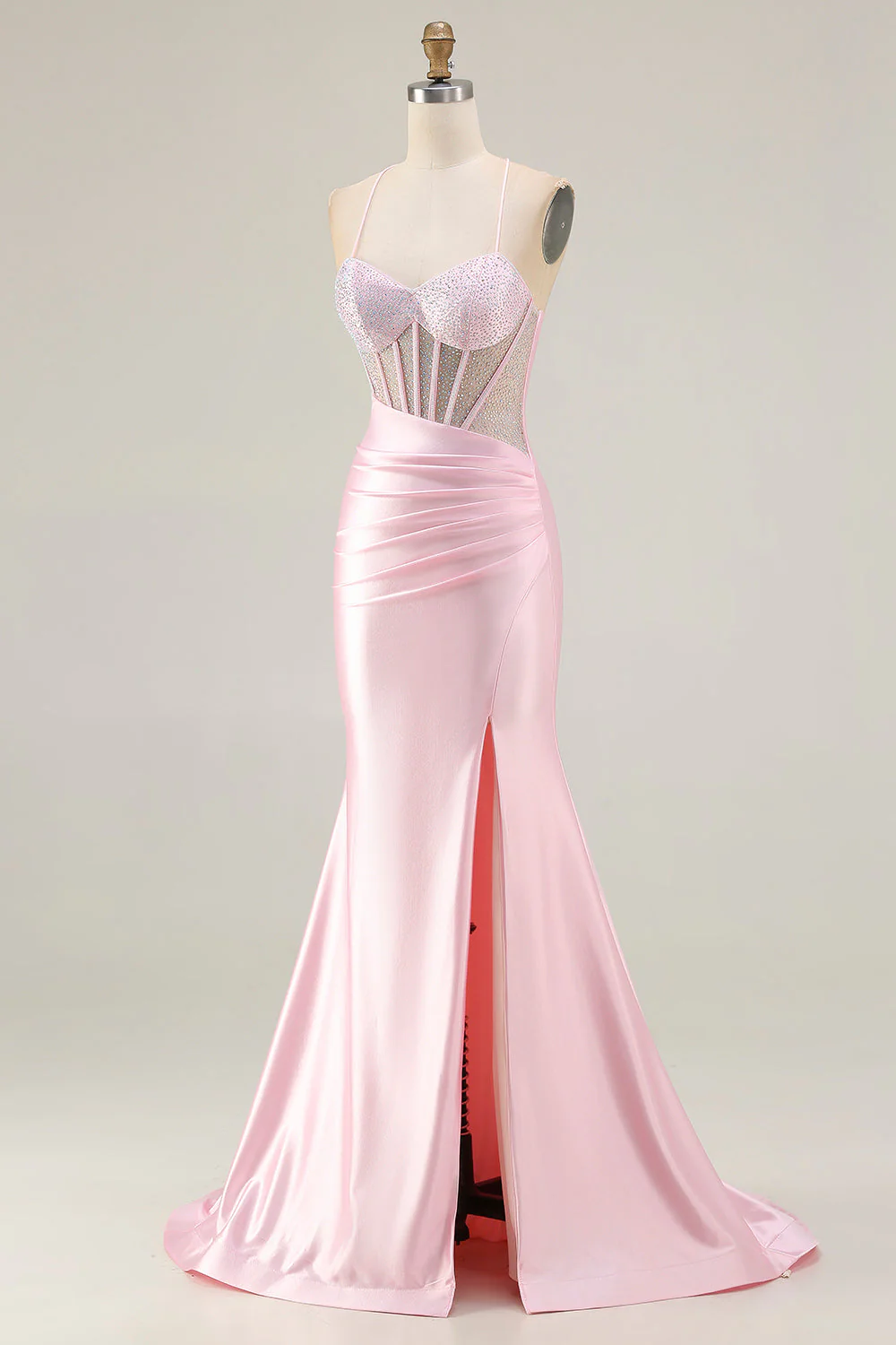Robe de bal longue de promo à bretelles de sirène rose perlée à perles roses corset et fente - Image 3