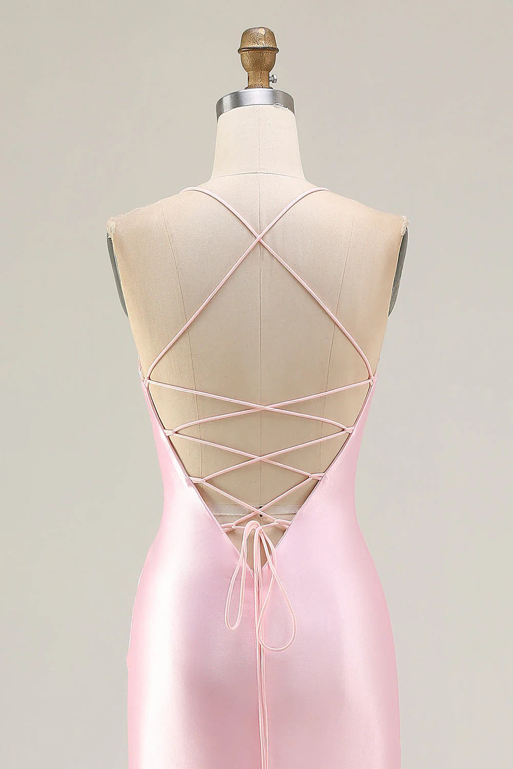 Robe de bal longue de promo à bretelles de sirène rose perlée à perles roses corset et fente - Image 5